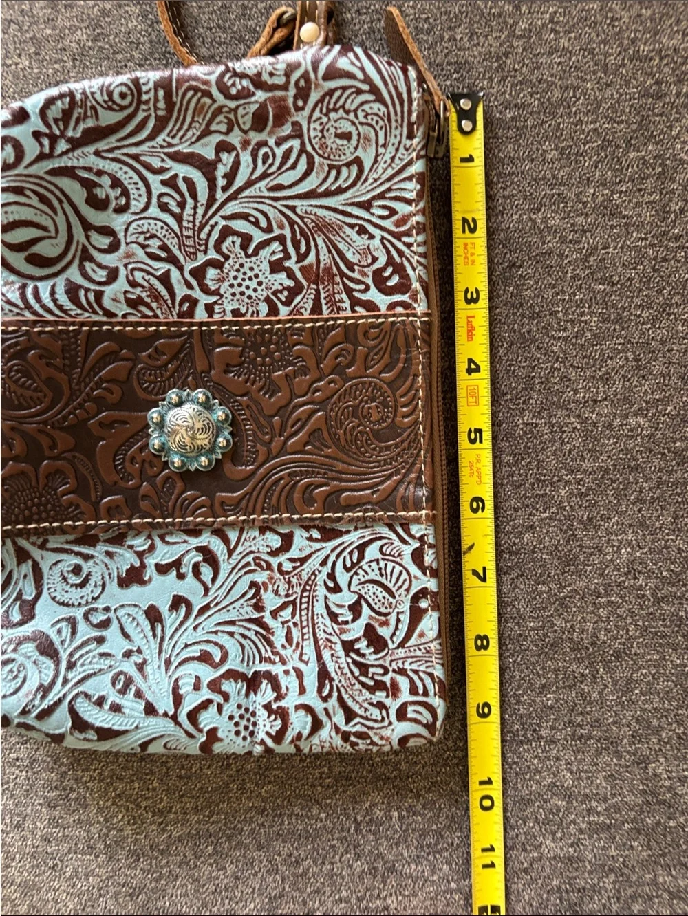 Myra Bag Brown and Light Blue Tooled Leather Wristlet with Turquoise Concho